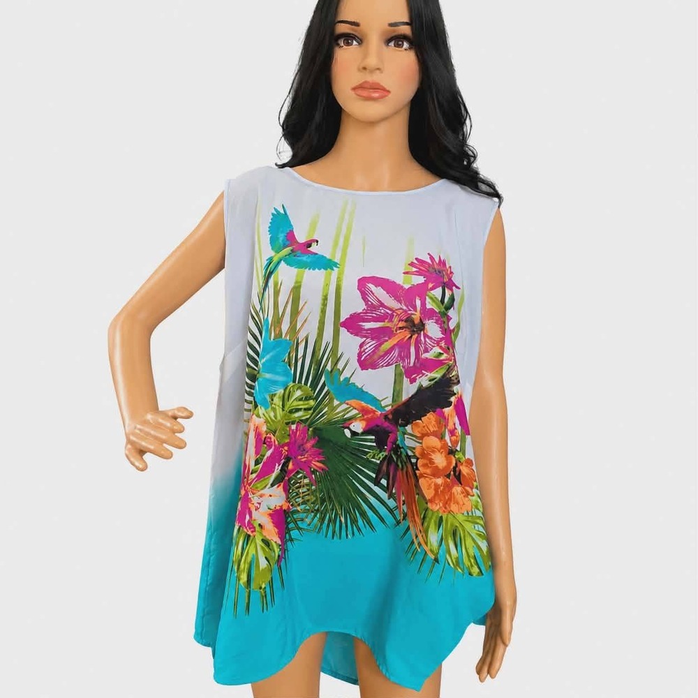 Worthington‎ Woman 3X Tropical Parrot Hibiscus Ombre Sleeveless Tunic Top Teal